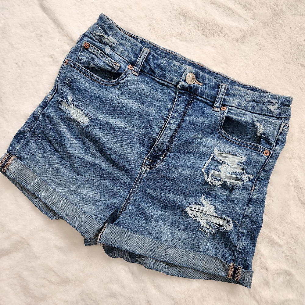 AMERICAN EAGLE AEO CURVY HI-RISE JEAN DENIM SHORTS SUPER STRETCH 10 DISTRESSED